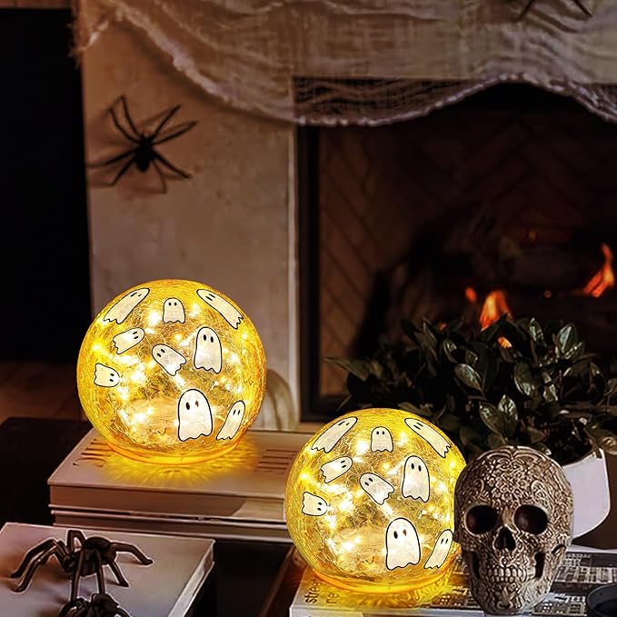 2 Pcs Halloween Decorations Indoor 4" Ghost Crackle Glass Globe Ball Lamp Night Lights with LED Timer Battery Operated Lighted Decorative Tabletop Decor for Table Home Centerpiece Party Gift