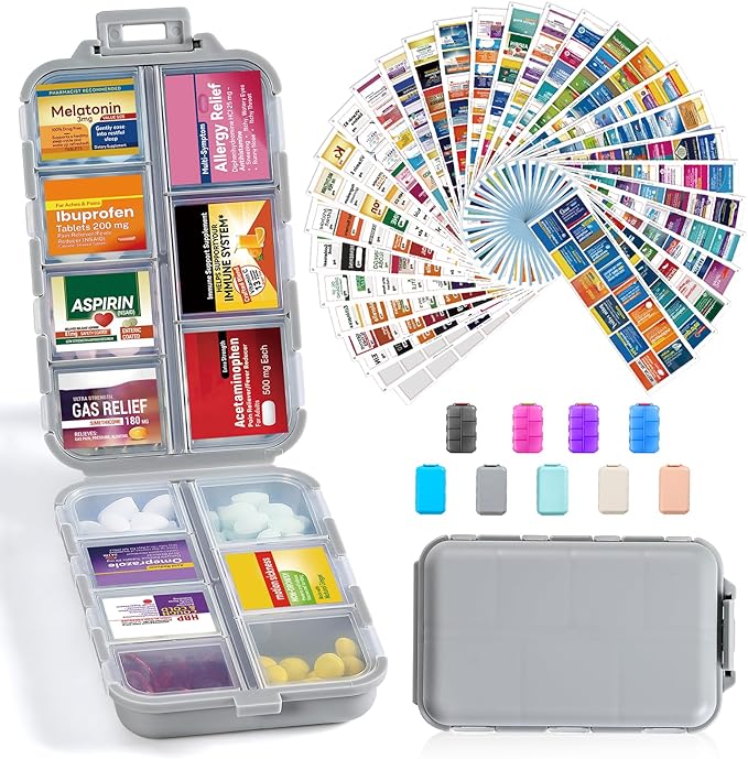 14 Grids Travel Pill Organizer Box with 415-Pcs Medicine Name Labels - Pocket Daily Pharmacy Case Container - Travel Medication Holder Dispenser Kit for Fish Oil Vitamin Supplement Storage - Grey