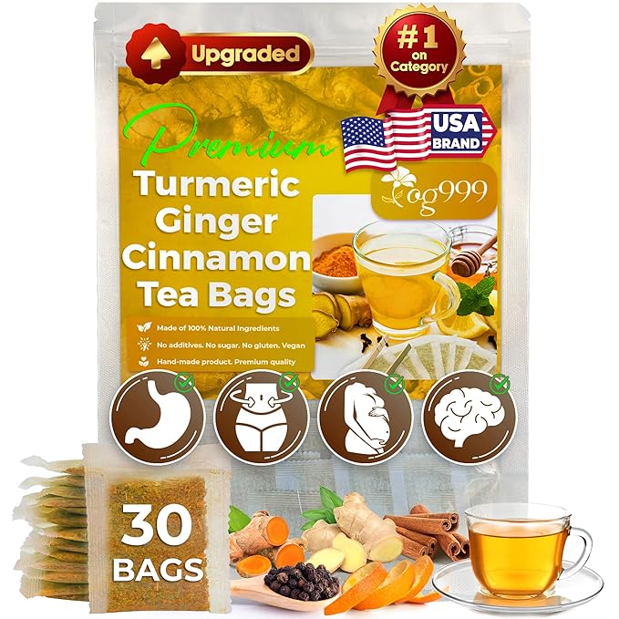 TOG999, 30 Bags Premium Turmeric Ginger Cinnamon Tea. Upgraded Version. Improve Digestion, Support Brain, Weight, Skin and Sleep. Eco-Conscious Tea Bags. No Sugar, No Caffeine, No Gluten, Vegan.