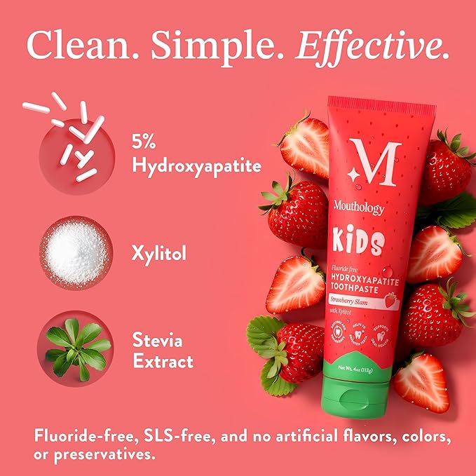 Mouthology Hydroxyapatite Kids Toothpaste Fluoride Free with Xylitol, Non Toxic Fluoride Free Toothpaste for Kids, All Ages (1-3), (3-6) & (6-12) Strawberry, 4oz
