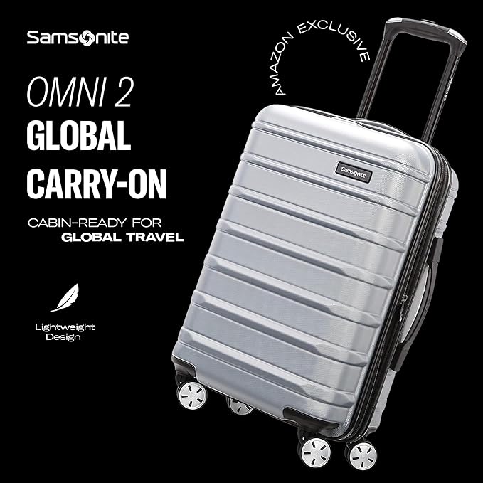 Samsonite Omni 2 Global Carry-On Spinner Luggage - Compact Size For International Travel - Airline-Approved - Features Expandable Polycarbonate Shell, 360° Wheels, USB Power Hub - Silver