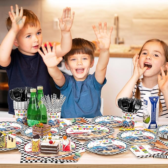 144pcs Monster Truck Birthday Party Supplies Plates Napkins Disposable Paper Cups and Straws Monster Truck Party Decorations Tableware Set for Kids Boys Birthday Decor 24 Guests