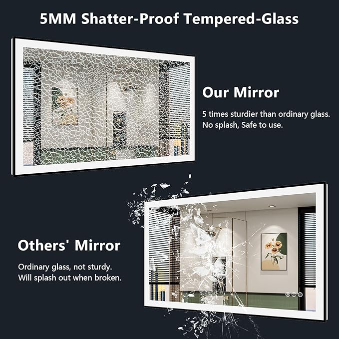 36x30 Inch LED Bathroom Mirror with Lights (Front Lit and Backlit) Black Framed Lighted Vanity Mirror for Bathroom Wall Dimmable Anti-Fog Memory Tempered Glass Horizontal/Vertical