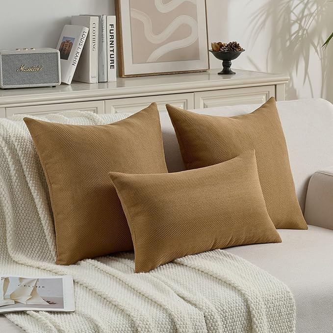 FUTEI Camel Chenille Throw Pillow Covers 18x18 Inch Set of 2,Soft Wide Chevron Textured Cushion Case,Farmhouse Home Decor for Couch Bed Living Room