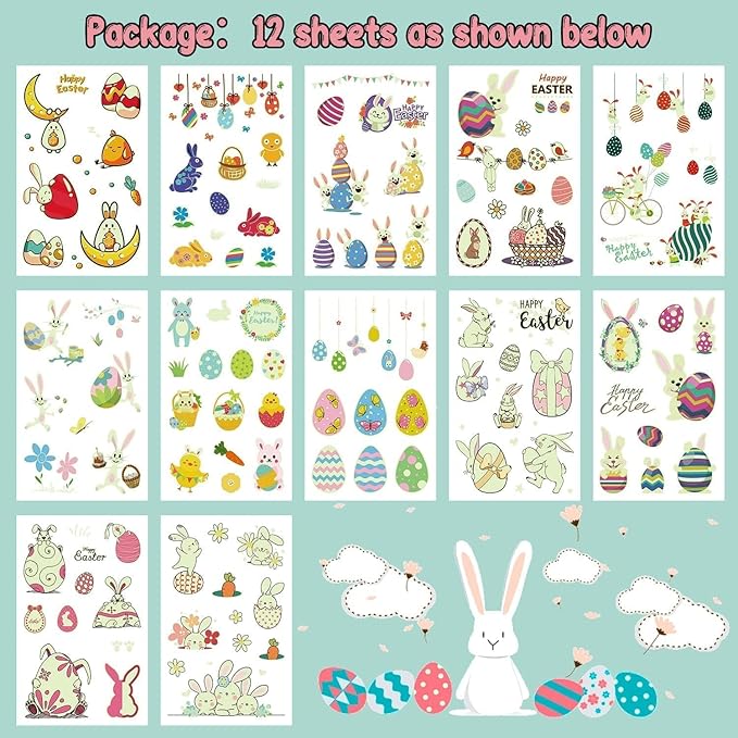 Partywind 132 PCS (12 Sheets) Luminous Easter Temporary Tattoos for Kids Basket Stuffers, Glow Easter Decorations Party Favors Supplies Essentials, Easter Games for Toddlers Boys Girls