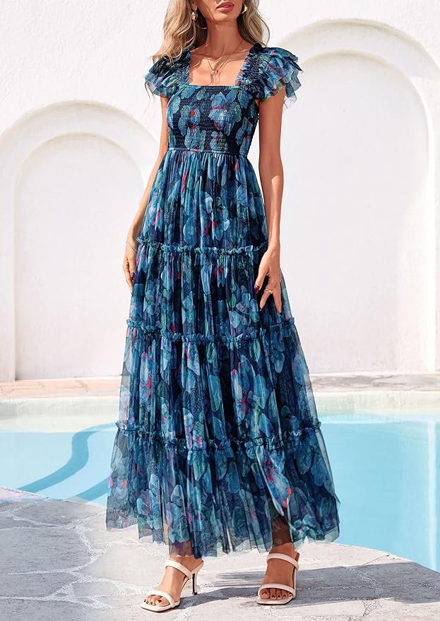 PRETTYGARDEN Women's Summer Tulle Midi Dress Sleeveless Smocked Ruffle Flowy Mesh Dresses Party Wedding Guest Sundress