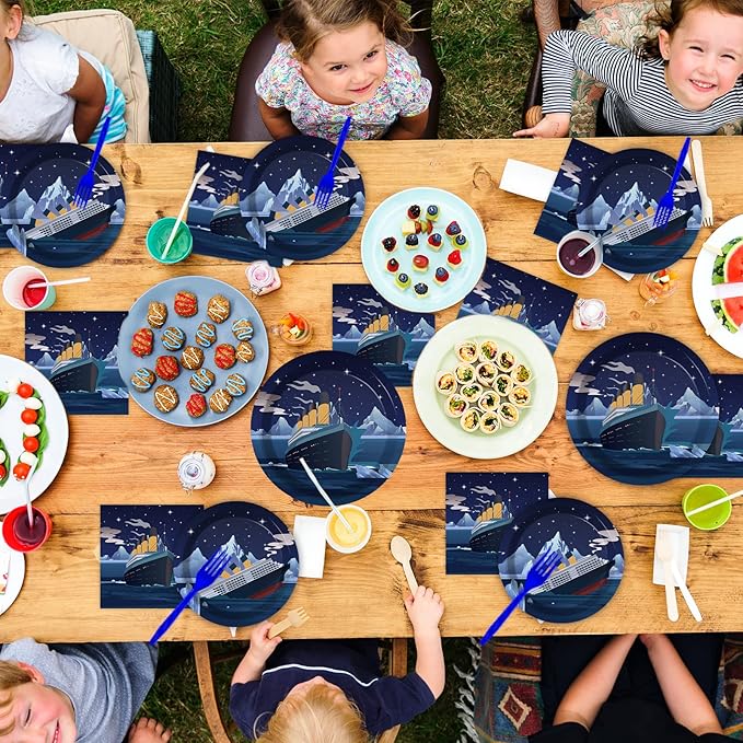 chiazllta 96 Pcs Nautical Party Paper Plate and Napkins Cruise Ship Classic Movie Birthday Party Table Decorations Supplies Ocean Tableware for 24 Guests