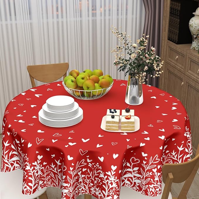 Valentine's Day Round Tablecloth 60 Inch Red Heart Pattern Circle Table Cloth Spring Holiday Table Cover Washable Polyester Decorations for Home Kitchen Dinning Party