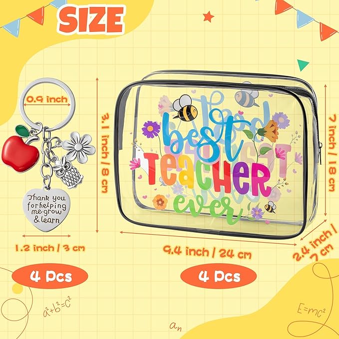 Y1tvei Big Makeup Bags Keychains Kit Gift for Teacher Appreciation- Best Teacher Ever 4 Clear Cosmetic Bags with 4 Apple Keychains, Waterproof Travel Toiletry Pouch Graduation Thank You Teacher Gift