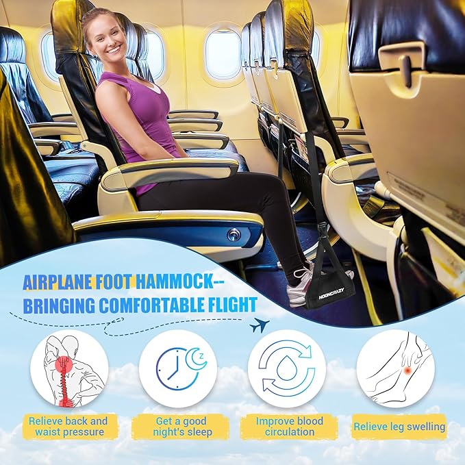 Airplane Foot Hammock, No Collapse Foot Rest for Plane Travel with Extended Adjustment Strap, Portable Desk Foot Hammock with Thickened Foam, Foot Sling Travel Essentials to Relax Your Feet