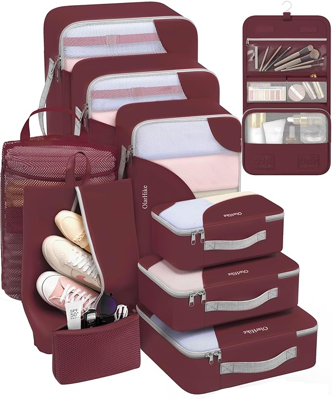 10 Set Packing Cubes for Travel, Gifts for Women Mom,Anti-Tearing Suitcase Organizer for Luggage with Shoe & Hanging Toiletry Bag,OlarHike Vacation Essentials & Accessories for Cruise Ship