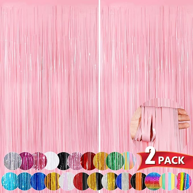Pastel Pink Metallic Tinsel Foil Fringe Curtains, 2 Pack 3.3x8.3 Feet Tinsel Backdrop for Birthday Wedding Easter Christmas, Pink Fringe Backdrop Foil Curtain for Valentines Day Decorations