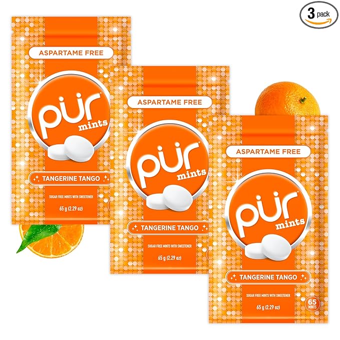 PUR Mints | Aspartame Free Breath Mints | Made with Xylitol | Sugar Free, Vegan, Gluten Free | Natural Tangerine Tango Flavor | 65 Pieces in Re-Sealable pouch (Pack of 3)