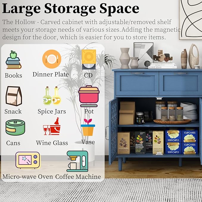 Kitchen Storage Cabinet with Drawers - Accent Cabinet with Carved Door, Floor Sideboard Buffet with Storage, Small Wood Credenza for Living Room, Dining Room, Entryway, Blue