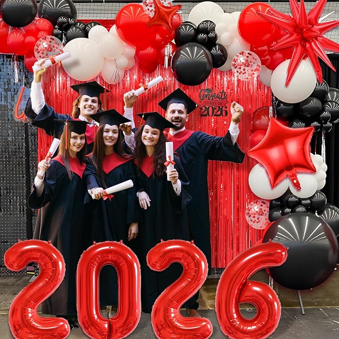 Graduation Balloon Arch Kit 2026 Graduation Party Decorations, Different Sizes 5 12 18 Inch Red Black Graduations Balloons Arch with Class of 2026 Cake Toppers, Fringe Curtain, Star & 2026 Balloons