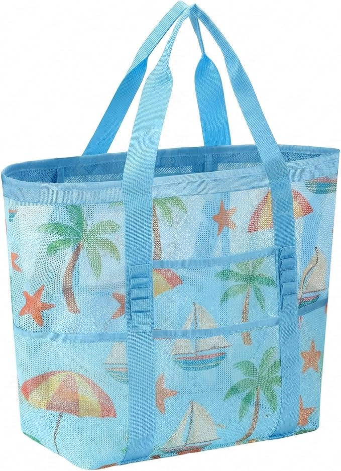 Mesh Beach Bags for Family - Women Beach Tote Bag for Toys, Towels, Travel Vacation Cruise Essentials