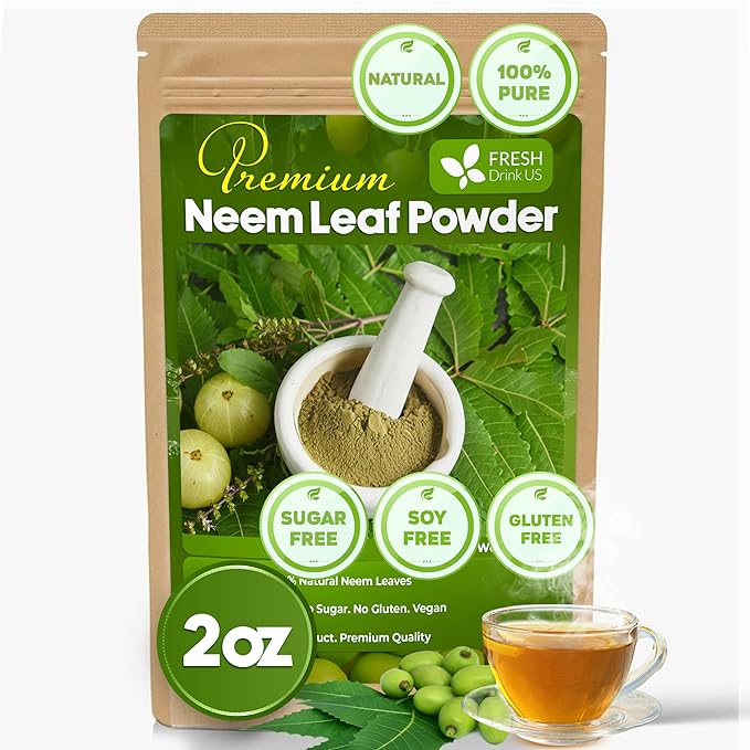 FreshDrinkUS, Premium 2oz Neem Leaf Powder, 100% Natural and Pure from Neem Leaves Dried, for Hair and Skin, No Additives, No Gluten, No Sugar, Vegan