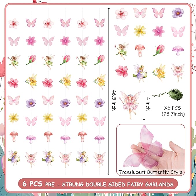 Fairy Birthday Party Garlands, Ready to Hang Fairy First Birthday Decorations with Double Sided Flowers Butterflies and Green Vines for Fairy Baby Shower, Girls Birthday and Garden Party