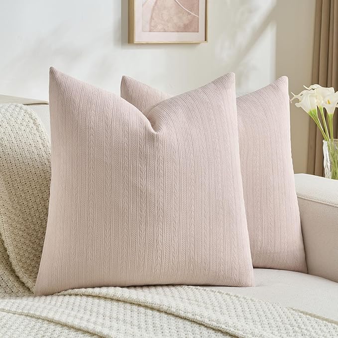 FUTEI Pink Decorative Throw Pillow Covers 26x26 Inch Set of 2,Soft Cozy Wheat Ear Striped Patterns Euro Pillow Shams,Modern Home Decor for Couch Bed Living Room