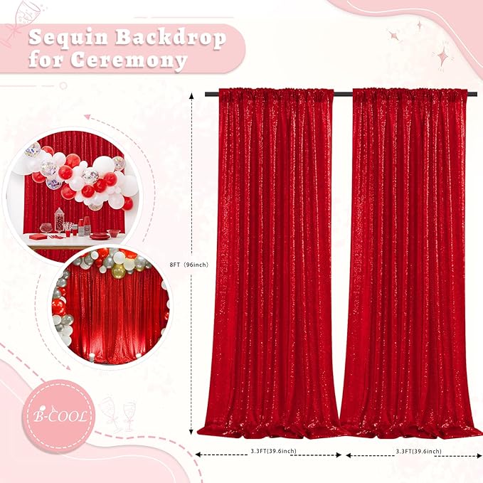 B-COOL Red Sequin Backdrop Curtains 2 Packs 3.3ftx8ft Wedding Sparkle Backdrop Fabric Glitter Background Drapes for Party Ceremony Birthday Decoration