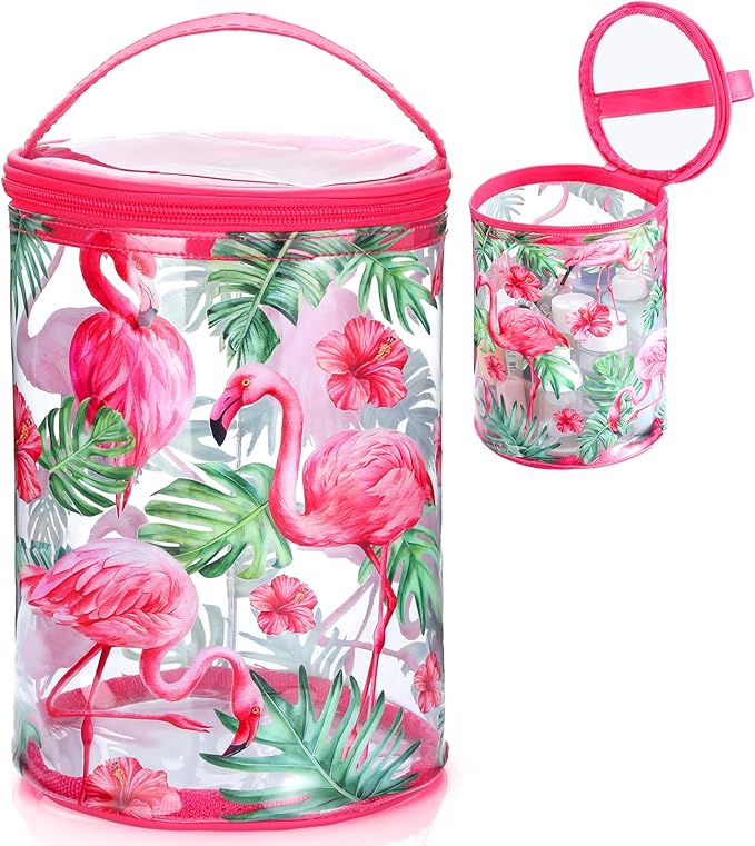 Sanwuta Beach Gifts Heavy Duty Clear Lotion Toiletry Bags for Travel Sunscreen Makeup Cosmetic Pouch Cylinder Bag Waterproof Portable Trip Bag with Handle Zipper(Flamingo)
