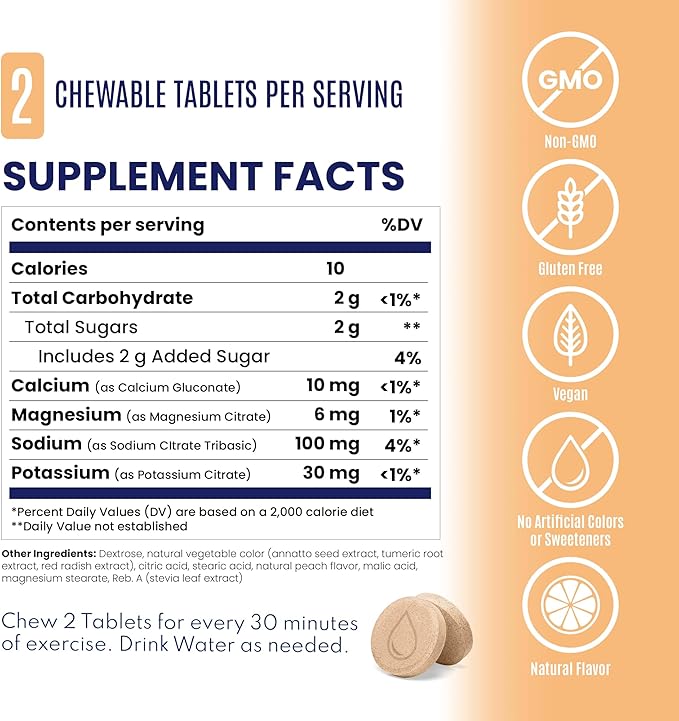 SaltStick Electrolyte FastChews - 120 Peach Chewable Electrolyte Tablets - Electrolyte Chews, Salt Tablets - 12 Packets, 10 Tablets Each