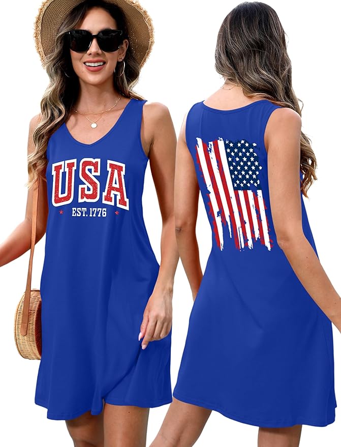 LHBNK 4th of July Dress for Women: American Flag Tank Dresses Star Striped Splicing Loose V Neck Sundresses