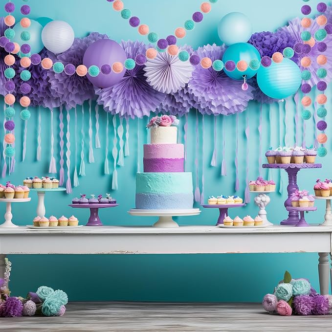 Boao 2 Pieces Wool Felt Ball Garland Colorful Pom Pom Garland Handmade 6.5 Feet Long 24 Balls Felt Banner for Wall Christmas Tree Decoration (Pink,Purple,Mint Blue)