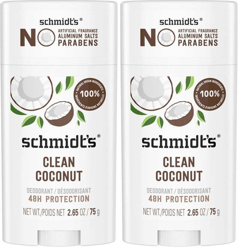 Schmidt's Aluminum-Free Vegan Deodorant Clean Coconut for Women and Men, with 24 Hour Odor Protection, Natural Ingredients, Cruelty-Free, 2.65 oz (Pack of 2)