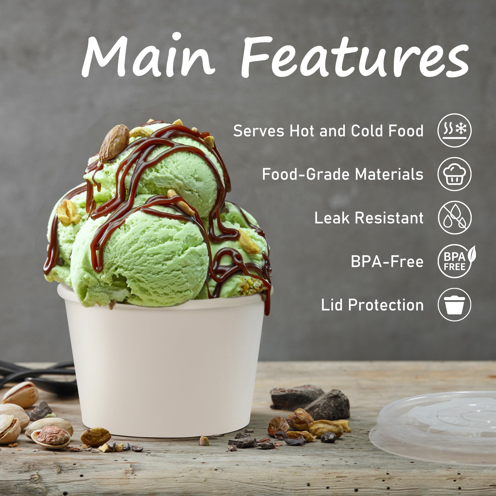 ESSENTIAL Paper Ice Cream Cups with Lids, 120pcs 8oz Disposable Dessert Bowls with Lids for Hot or Cold Food, Paper Snack Containers for Sundae, Frozen Yogurt, Soup (White)