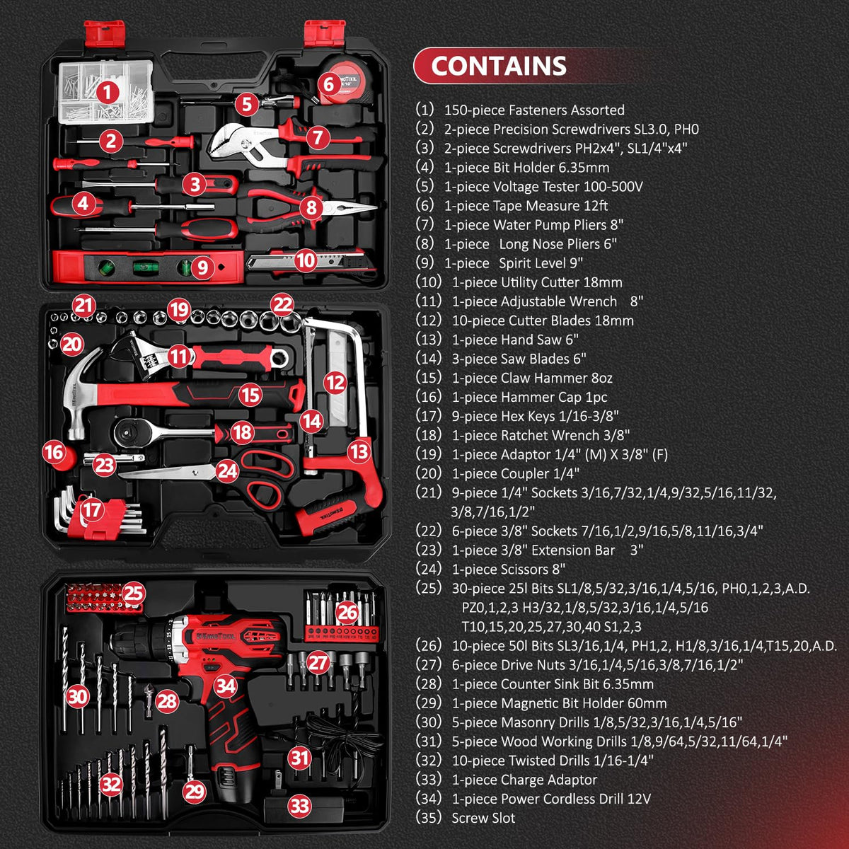 KingTool 276-Piece Tool Set Kit - Tool kit with 12V Cordless Power Drill Driver Toolbox Storage Case with Drawer, Drill Set Perfect for Homeowner, Diyer, Handyman