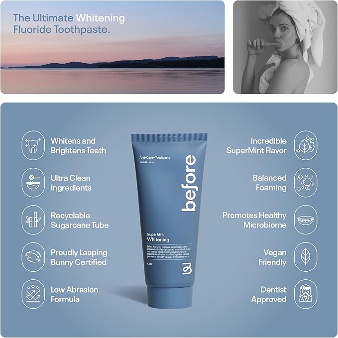 Before | Whitening Anti-Cavity Toothpaste | Vegan, Reduces Plaque for Gum Health, Balanced Foaming, Low Abrasion, Long Lasting Minty Fresh Breath, Plant-Based 3.5oz Tubes, Made in The USA — 2 Pack