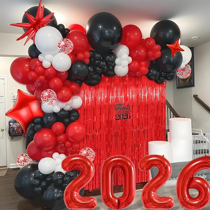 Graduation Balloon Arch Kit 2026 Graduation Party Decorations, Different Sizes 5 12 18 Inch Red Black Graduations Balloons Arch with Class of 2026 Cake Toppers, Fringe Curtain, Star & 2026 Balloons