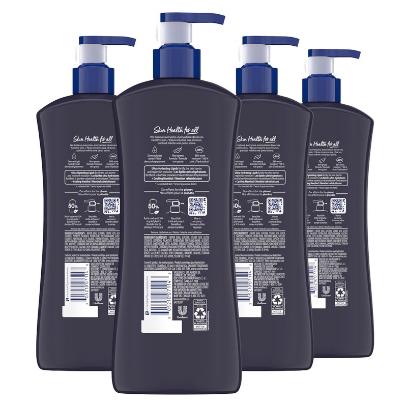 Vaseline Men Cooling Hydration 3-in-1 4 Pack for Dry Skin Face, Hands & Body Lotion for Men with Menthol & Ultra-Hydrating Lipids 20.3 oz
