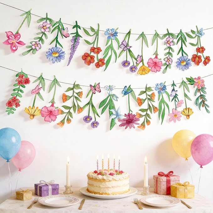2Pcs Spring Wildflower Party Hanging Decorations, Watercolor Floral Banners Spring Wildflower Cutouts Garland Backdrop for Spring Summer Girls Garden Birthday Wedding Party Decor Supplies, 9.8Ft