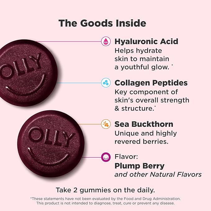 OLLY Glowing Skin Collagen Gummy, Hydrated, Youthful Skin, Hyaluronic Acid, Sea Buckthorn, Chewable Supplement, Berry, 60 Day Supply - 120 Count Pouch