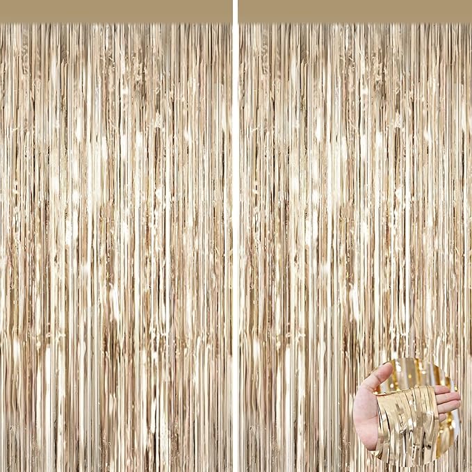 2Pack Champagne Gold Foil Fringe Backdrop Curtains, Tinsel Door Streamers, Fringe Backdrop for Birthday Decorations Graduation New Years Eve, Wedding, Baby Shower, Gender Reveal, Disco Party Decors