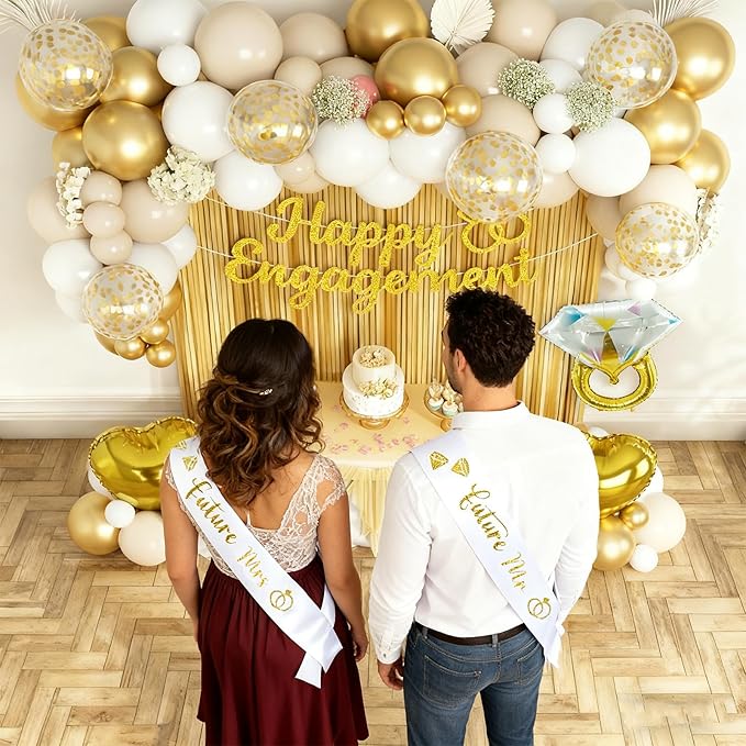 Gold Engagement Party Decorations, Just Engaged Decorations for Wedding Party, Bachelorette & Home Party, with Happy Engagement Banner, Foil Balloons, Sash, Fringe Curtain