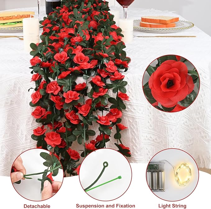 MARTINE MALL Flower Garland Vines, 5 Strands 41Ft With 33 Ft/100 LED String Lights - Rose Decoration for Bedroom, Room, Table, Wedding Decor