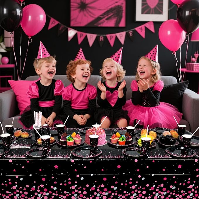 Pink Black Party Decoration - Pink and Black Birthday Party Tableware Supplies Includes Plates, Cups, Napkins, Tablecloth, Straws (20)