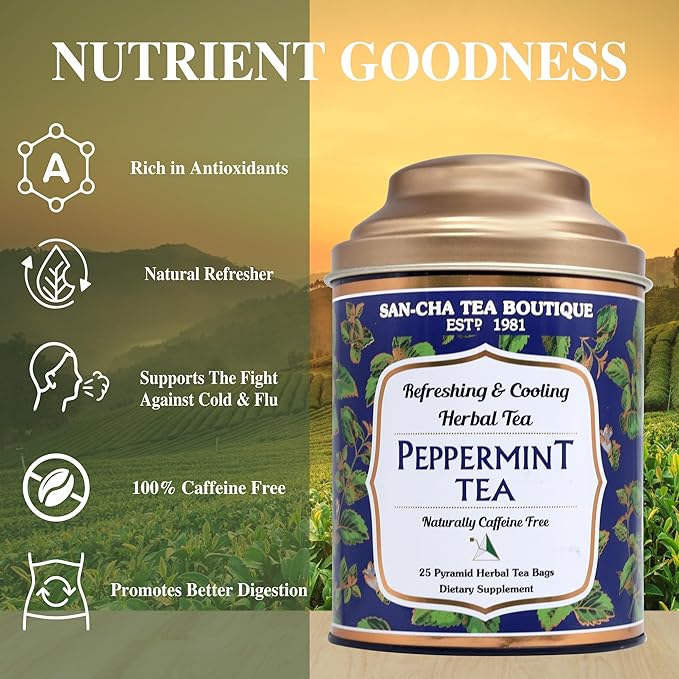 Sancha Tea Boutique, Peppermint Tea, Caffeine Free Herbal Tisane, 25 Pyramid Bags, Real Peppermint Leaves, Soothing & Relaxing