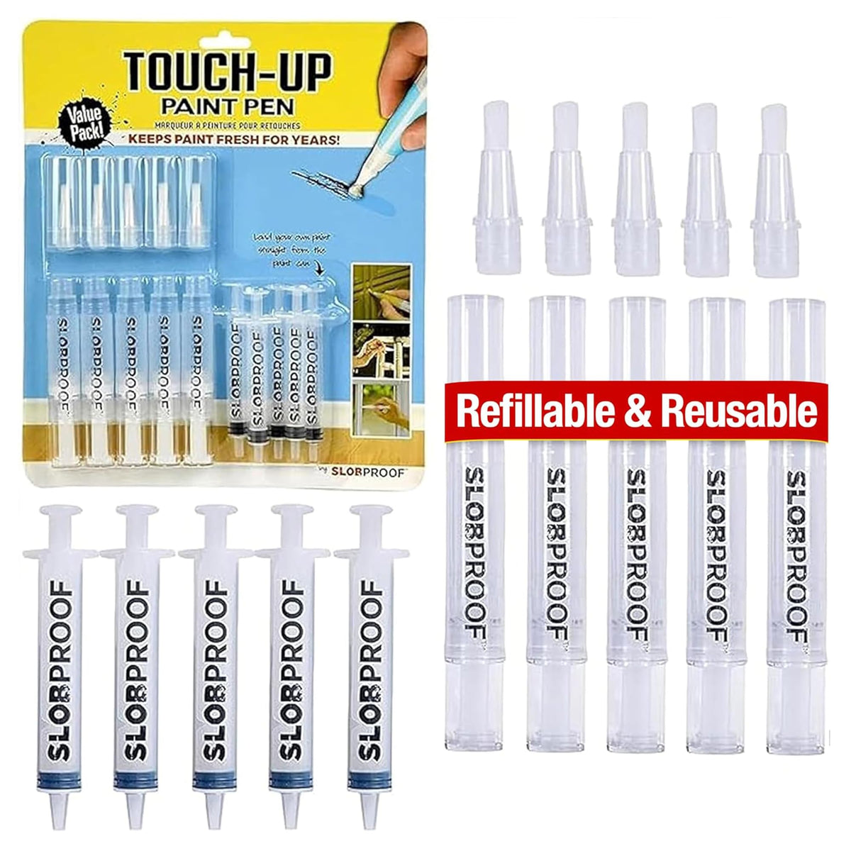 Slobproof Refillable Touch-Up Paint Pen, Mess-Free, Reusable Wall Paint Repair Tool, Precise Application, DIY Home Improvement, Furniture, Arts and Crafts, Patented Design, Easy Storage, Pack of 5