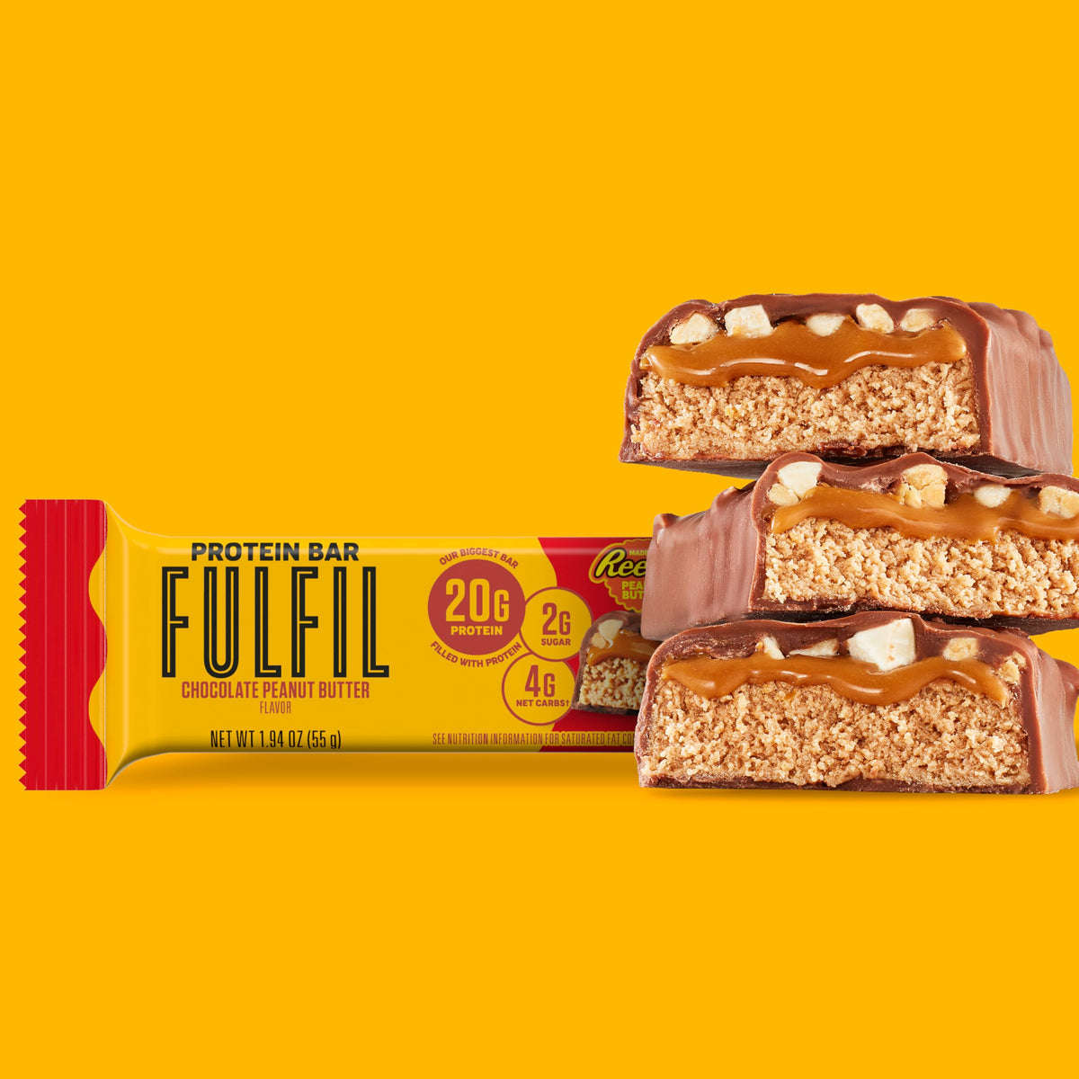 FULFIL Chocolate Peanut Butter Flavored Protein Bar Made with REESE's Peanut Butter, Gluten Free with 20g Protein, Pantry Staples, 12 Count