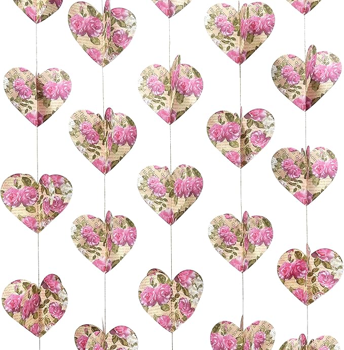 Heart Party Decorations Vintage Pink Rose 3D Love Heart Newspaper Hanging Retro Floral Recycled Book Garland Streamer Banner for Valentines Day Anniversary Birthday Wedding Holiday Party Supplies