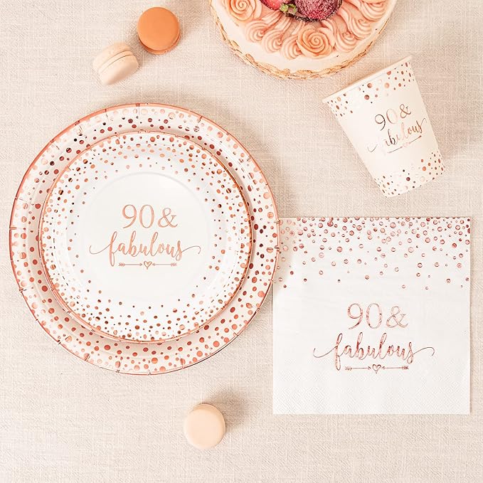 Crisky Rose Gold Foil 90 Fabulous Napkins, Cups Set for Women's 90th Birthday Party Decorations, Disposable Tableware Set of 24 (9" Plates, 7" Plates, Luncheon Napkins, 9oz Cups)