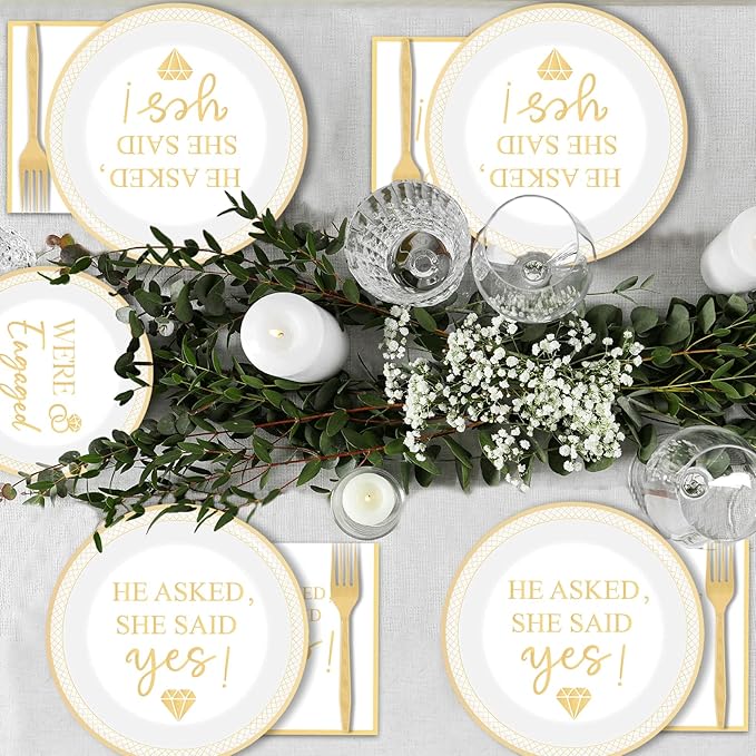 200Pcs Happy Engagement Party Supplies Engagement Paper Plates Napkins She Said Yes Party Tableware Set She Said Yes Disposable Dinnerware for Wedding Birthday Bridal Shower Decoration Serve 50