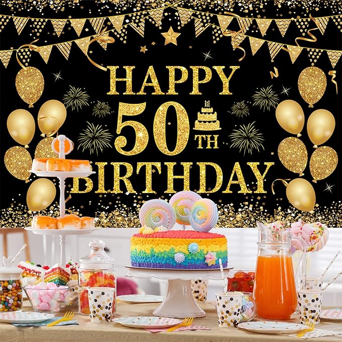 50th Birthday Decorations for Men Women - Happy 50th Birthday Banner Party Decorations Black Gold 50 Years Birthday Party Suppiles Background for Home Outdoor Birthday Decor(71 x 45 inch)