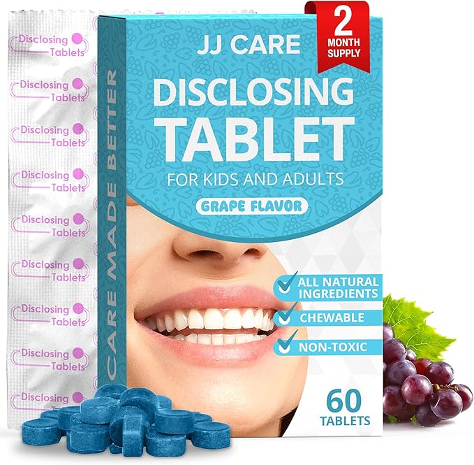 JJ Care Disclosing Tablets for Kids - 60 Count, Individually Wrapped Plaque Disclosing Tablets for Kids Brushing Teeth, Grape Flavored Plaque Remover, Dental Care for Teeth Brushing