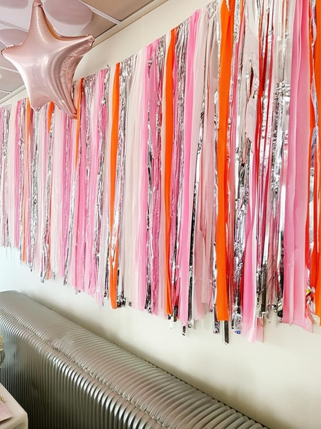 PapaKit 5ft Extra Large Sunset Sorbet Streamer Fringe Backdrop | Ready to Hang | String-Hanging Damage-Free Photo Booth Background for Summer Party, Bridal Shower, Birthday