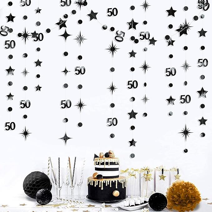Black 50th Birthday Decorations Number 50 Circle Dot Twinkle Star Garland Metallic Hanging Streamer Bunting Banner Backdrop for 50 Year Old Birthday Happy 50th Anniversary Fiftieth Party Supplies